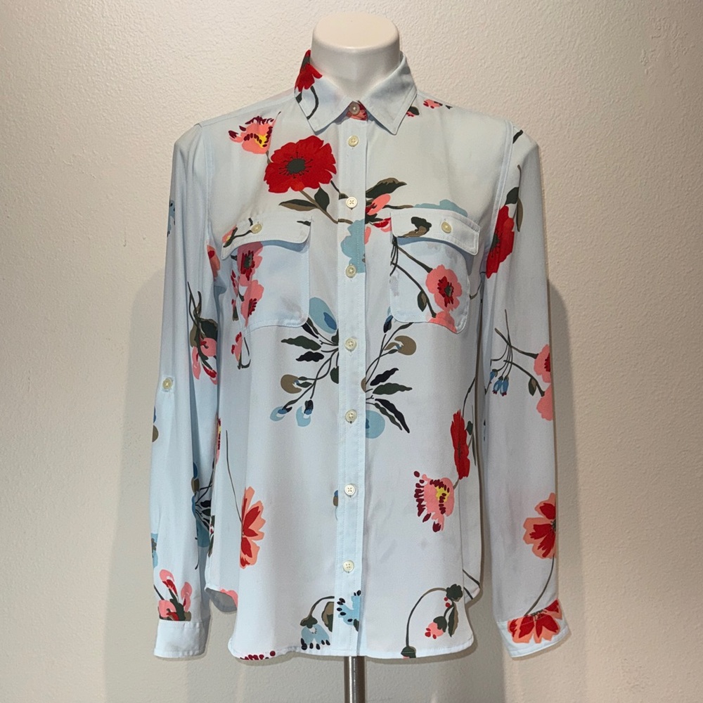 LOFT Floral Button Down Shirt - Sky Blue with Red and Coral